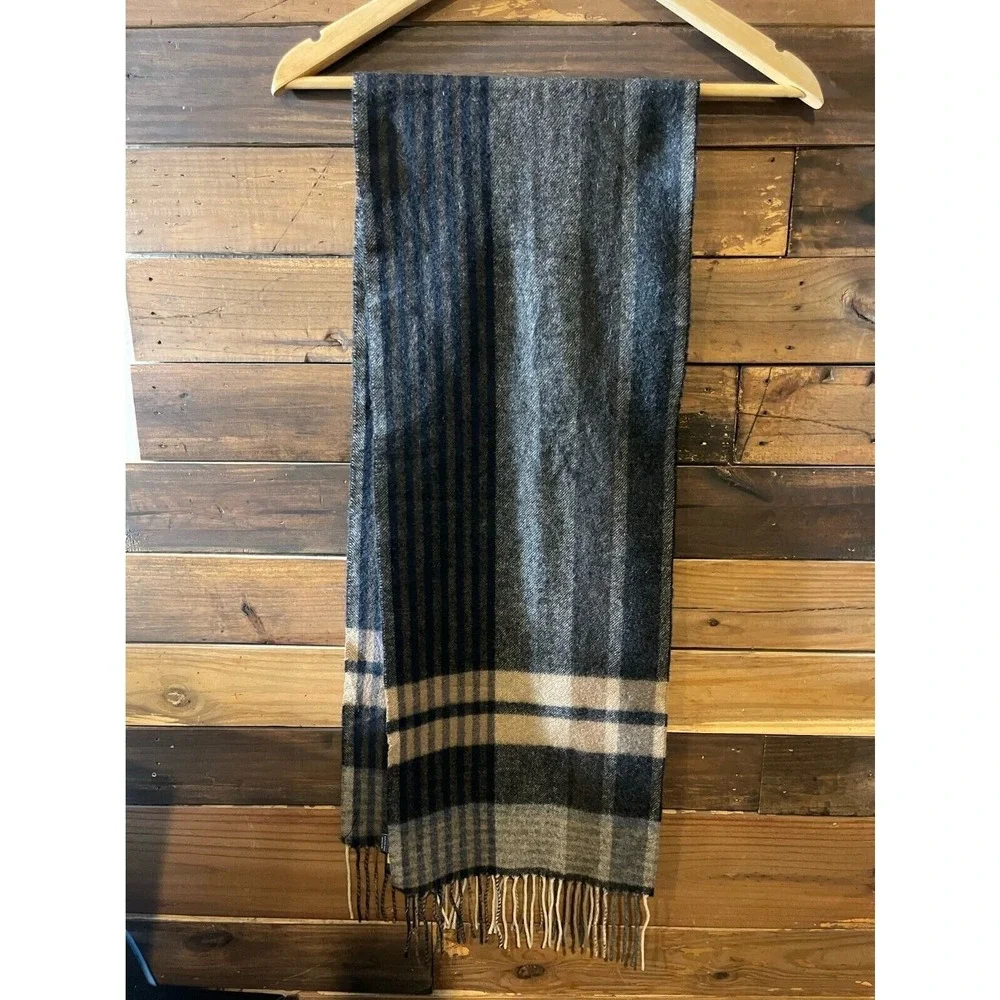 100% Cashmere Club Room Plaid Scarf‎ Black Brown Tan Fringed Soft Warm Luxury